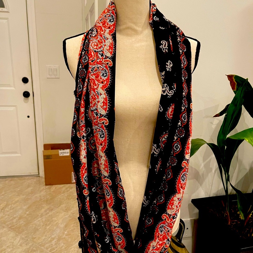 Loft Black & orange paisley infinity tassel scarf